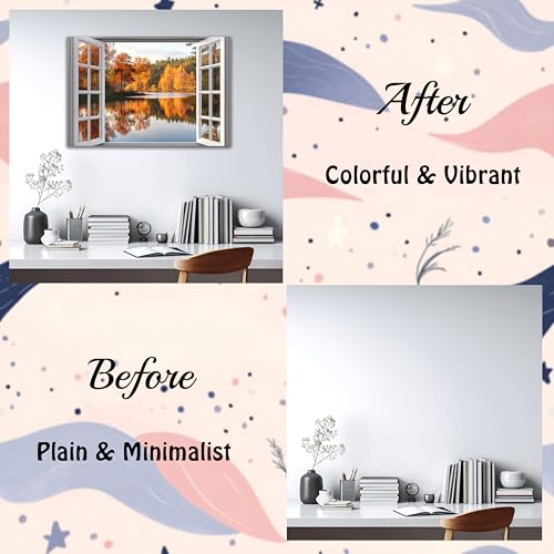 AMAZING WALL Autumn Lake Trees Peel and Stick Fake Window Stickers Perfect for Bedroom/Office/Kids' Room Wall Decor,Self-Adhesive Wall Decals,16x24in/1PCS - color: Autumn Lake, size: 16x24"/1pcs