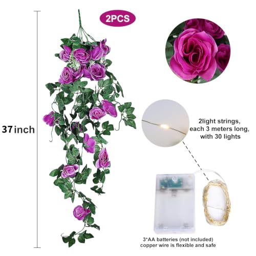 RECUTMS Artificial Hanging Rose Flower Plants, 2PCS 37 Inch Fake Purple Silk Floral Ivy Garlands with 30 LED Fairy String Lights for Home Room Garden Easter Graduation Arrangement Indoor Outdoor Decor - color: Purple, size: 2 pcs light