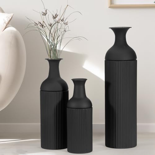 BANOMII Large Metal Floor Vases Set of 3, 27'' 20'' 16'', Black Tall Flower Vase for Pampas Grass, Decorative Big Vases for Hallway Corner, Floor Decor for Living Room