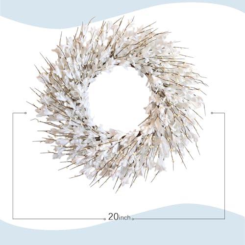 22inch Artificial Forsythia Flower Wreath Spring Summer Fall Wreath Silk Leaves for Front Door Decoration Porch Farmhouse Patio Garden Home Decor (White) - color: White