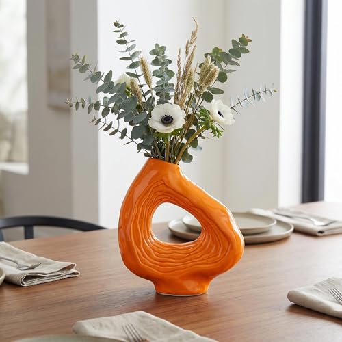 Sunddo Ceramic Flower Vase for Decor, 9 Inch Orange Donut Vase, Boho Modern Decorative Vases for Home Decor, Living Room, Dining Table, Console, Office Bedroom Shelf Decoration - color: Orange, size: 9 inch