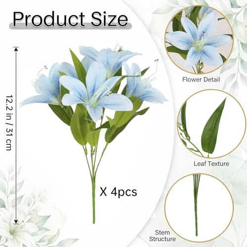 20Heads Blue Faux Lily Artificial Flowers 4 Bundles Fake Silk Flowers with Stems Lily Flowers for Wedding for Home Party Indoor Easter Table Floral Arrangement Decor (Blue) - color: Blue