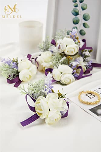 6Pcs White and Purple Artificial Silk Wrist Corsage for Wedding Prom | Faux Wrist Corsage with Purple Ribbon for Homecoming Prom Anniversary Formal Party and Bridal Shower for Bride and Bridesmaid - color: Purple2# Wrist Corsage (Set of 6)