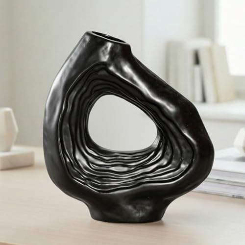 Sunddo 9 Inch Black Ceramic Vase for Modern Home Decor - Donut Decorative Vase for Flowers, Minimalist Boho Style Vase for Living Room, Table Centerpiece - color: Black, size: 9 inch