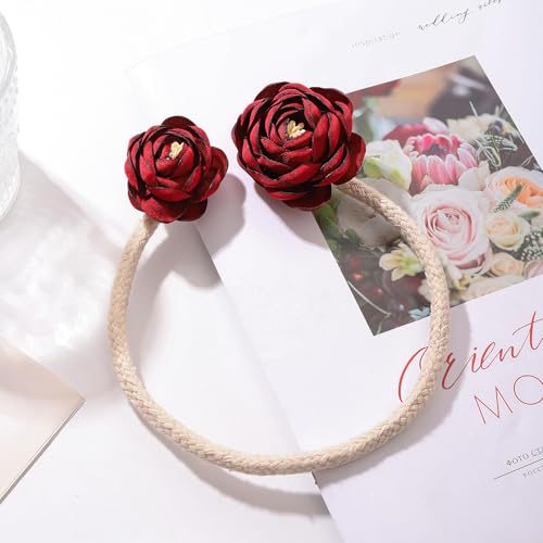 SUQ I OME 2 Pieces Handmade Artificial Christmas Red Flower Curtain Holdbacks,Curtain Tiebacks Clips Creative Window Drape Twist Tie Backs for Christmas Decorative Draperies Holdbacks (Wine Red) - color: Wine Red