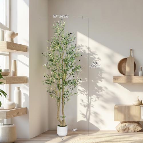 HZXGCP 6ft Artificial Olive Tree Indoor, Fake Olive Tree with White Pot, Faux Olive Tree with Dense Leaves & Realistic Fruits, Tall Artificial Plant for Home Living Room Office Entryway Decor - color: Olive Tree 6ft