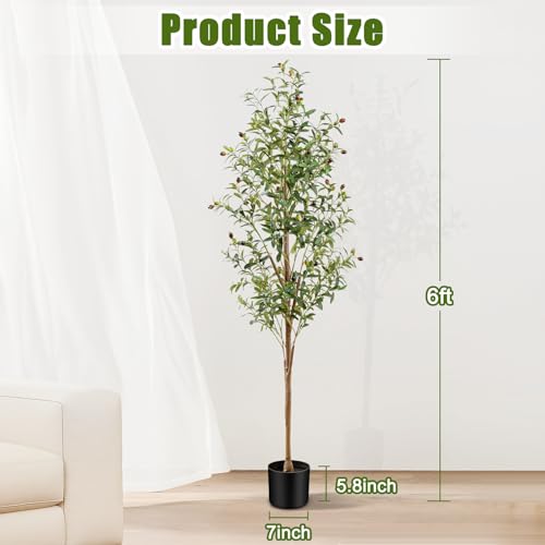 6FT Artificial Olive Tree Indoor, Tall Faux Olive Tree with Pot&Basket, Large Fake Olive Tree with Realistic 1080 Silk Leaves and 60 Fruits for Living Room Home Office Decor - size: 6ft