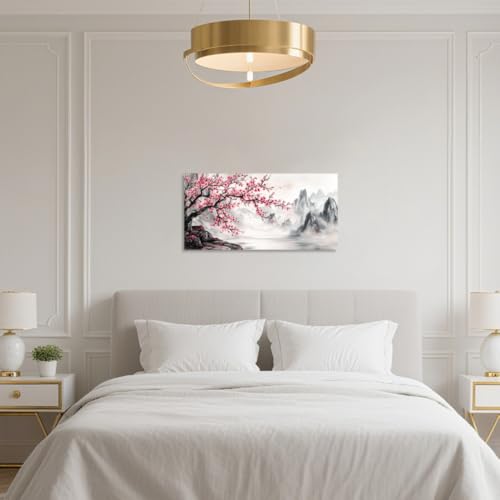 QIXIANG Cherry Blossom Mountain Canvas Wall Art Pink Floral Trees Pictures Large Landscape Painting Japanese Decor for Living Room Bedroom Framed (black,16" W x 32" L) - color: black, size: 16"W x 32"L