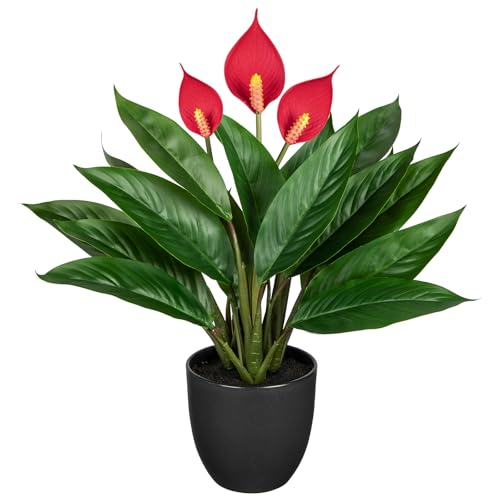 GnFlus 20'' Realistic Red Anthurium Artificial Potted Plant, Fake Flowers for Home Office Farmhouse Kitchen Bathroom Table Shelf Decor - color: 20'' Pink
