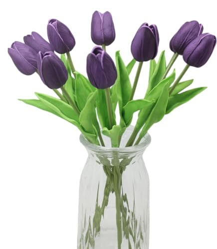 Artificial Flowers 10 Heads Mini Real Touch Artificial Tulip for Home Wedding Party Centerpiece Decoration (Dark Purple) - color: Purple