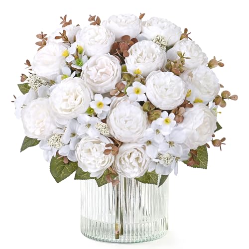 DEMIUKO 2PCS Peonies Artificial Flowers,White Faux Peony Bouquet Fake Silk Flower for Vase Faux Floral Arrangements Plastic Flowers for Farmhouse Home Kitchen Table Centerpiece Party Wedding Decor - color: White, size: 2PCS