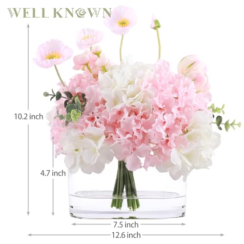 WELL KNOWN Artificial Flowers in Vase, Fake Hydrangea Tulip Flowers Bouquet with Big Glass Vase for Home Office Wedding Party Decor for Dining Table Centerpiece Housewarming Mom's Gift (Pink White) - color: Pink & White Max