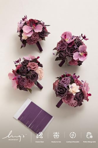 Ling's moment Artificial Bridesmaid Bouquets Set of 4,Deep Plum Wedding Flower Bouquets Purple Floral Bouquet Red Bridal Bouquets with Ribbon Ceremony Anniversary,7-inch Diameter - color: Deep Plum
