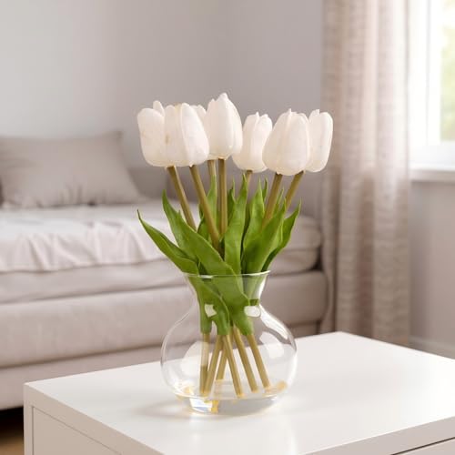Realistic Fake Flowers Artificial Tulip Arrangement with Glass Vase, Adjustable Stems, for Home Living Room Table Office Wedding Decoration（Pinkish-White） - color: Pinkish-white