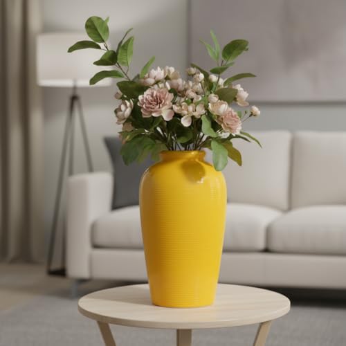 11 Inch Yellow Ceramic Vase for Flowers - Modern Minimalist Vases Home Decor - Textured Decorative Vase for Kitchen, Wedding Centerpiece, Fireplace Decoration for Living Room - color: Yellow