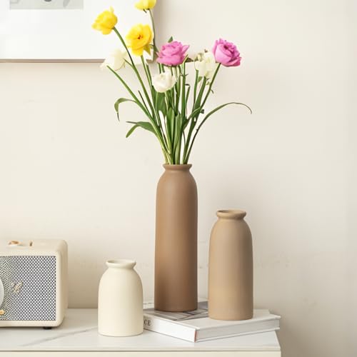 10.4 inches Tall Decorative Ceramic Vase Set, 3 Pieces, Nordic Modern Boho Style, White, Modern Farmhouse for Home Decor (Coffee Mix) - color: Standard Coffee Mix