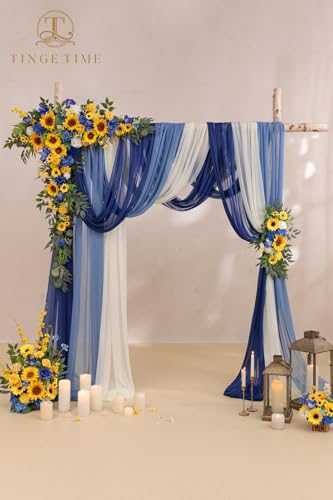 TINGE TIME Wedding Arch Flowers Kit - Deluxe 5pcs Artificial Floral Swag with 3 Sheer Drapes, Realistic Silk Flower Arrangements for Wedding Ceremony Arbor Backdrop Reception Party Home Decor - color: Sunflower & Royal Blue