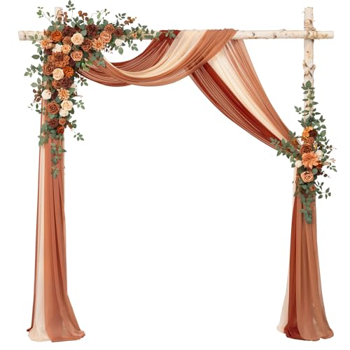 Ling's moment Wedding Arch Flowers with Drapes Kit-Pack of 5, 2pcs Flower Arrangements 3pcs Sheer Hanging Drapes Ceremony Arbor Backdrop Artificial Rose Floral Decor, Terracotta & Burnt Orange - color: Or-terracotta & Burnt Orange