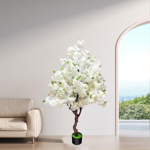 Cherry Blossom Tree 5.3ft, Faux White Cherry Blossom Tree with Green Leaves for Wedding House Office Decor