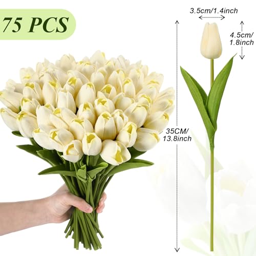 Janinka 75pcs Artificial Tulip Flowers Fake PU Tulips Faux Latex Bouquet Flower Centerpieces Arrangement Floral for Wedding Spring Decorations (1 Head,Milk White) - color: Milk White