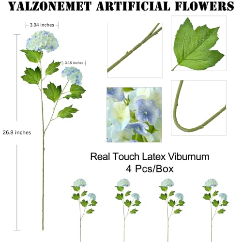 YalzoneMet Artificial Snowball Viburnum 4 Pcs 26.8 in Graduated Blue Small Hydrangea 2 Head Natural Lifelike Real Touch Faux Latex Long Stem Vibernum Flower for Home Decoration Outdoor Wedding Deco - color: Blue
