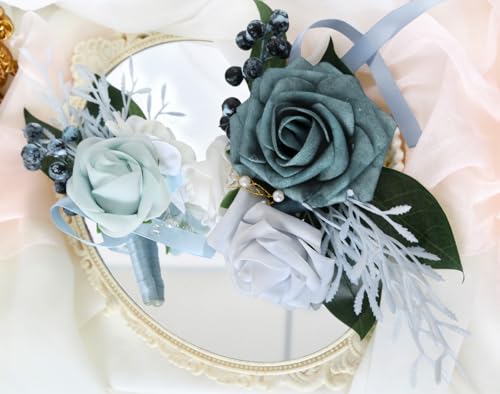 2Pcs Wedding Corsage and Boutonniere Set Blue Rose Corsage Wristlet and Boutonniere for Men Women Groom Bride Bridesmaid Groomsmen Wedding Party Accessory Prom Decoration (Blue) - color: Blue
