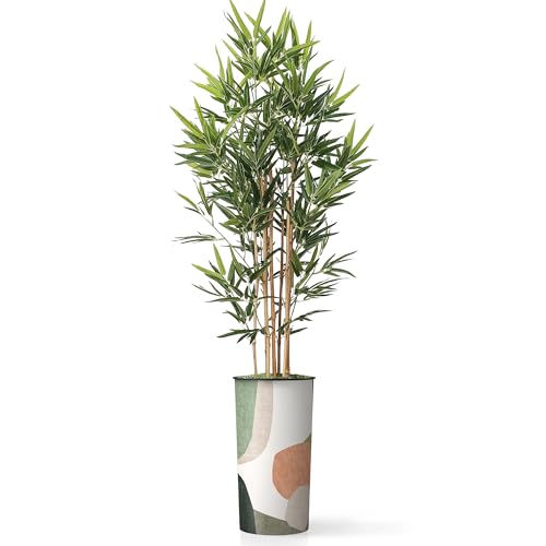 Artificial Tree in Multicolor Textured Geometric Shapes Illustrations Planter, Fake Bamboo Silk Tree for Indoor and Outdoor Home Decoration - 70" Overall Tall (Plant Pot Plus Tree) - style: Bamboo
