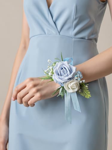 Corsage and Boutonniere Set with Blue Roses for Bride, Groom, Bridesmaids Groomsmen Weddings, Proms, Homecomings. Perfect Party Suit Decor Wedding Flowers Accessories (Blue) - color: Blue