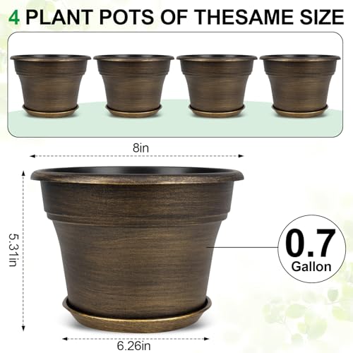 Plant Planters Pots Set of 4 Pack 8 Inch, Plastic Flower Pot For Indoor Plants With Drainage Holes & Trays, Resin Decorative Container Sets With Saucer For House Outdoor Garden Planters Dark Gold - color: Gold, size: 8 inch-4 pack