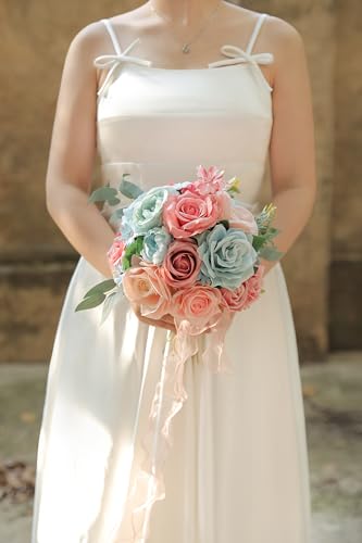 rongflower Blue Pink Artificial Flowers Combo Set Fake Flower Leaf Box with Stemst for DIY Wedding Bridal Bouquet, Centerpieces, Home Decor, Floral Arrangement Decor - color: Blue Pink