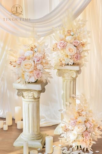 TINGE TIME Free-Standing Artificial Flower Set of 2, Table Centerpiece with Rubber Pad, Silk Fake Flower for Wedding Centerpiece Archway Aisle Welcome Entrance (Champagne&Pink) - color: Champagne&pink