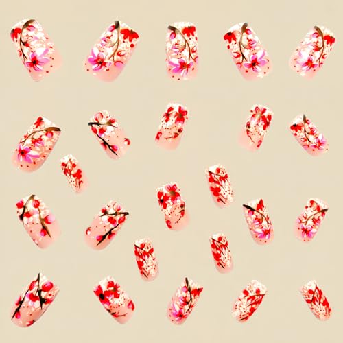 Flower Press-on Nails 24 Pcs, Square, Glossy, Full Cover, Red & White, Floral Designs, ABS Material, Easy to Apply & Remove - color: Flower Square15