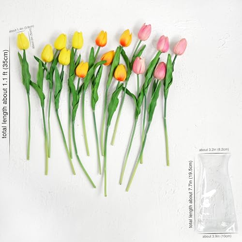 FiveSeasonStuff Real Touch Tulips – 15 Stems Artificial Stems Flowers with Collapsible PVC Vase (Orange, Yellow, Pink) for Home Décor, Gifts, Weddings & Spring Floral Arrangements - color: Festive Bloom With Vase