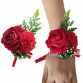 Jilukibo Red Corsage and Boutonniere Set Prom Suit, Artificial Rose Flower Bridesmaid Wrist Corsage Wristband for Groom Groomsmen, Bride Bridal Hand Ribbon Bracelet for Wedding Party Decor (2 Pack)
