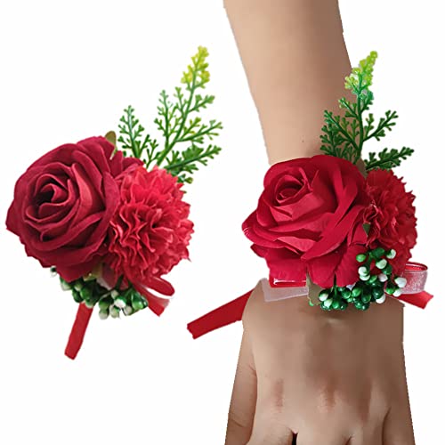 Jilukibo Red Corsage and Boutonniere Set Prom Suit, Artificial Rose Flower Bridesmaid Wrist Corsage Wristband for Groom Groomsmen, Bride Bridal Hand Ribbon Bracelet for Wedding Party Decor (2 Pack)