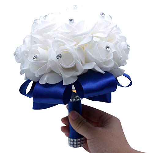 MOJUN Wedding Bouquets Crystal PE Roses Bridal Bridesmaid Wedding Hand Holding Bouquet Artificial Fake Flowers Toss Bouquet, Sapphire - color: Sapphire