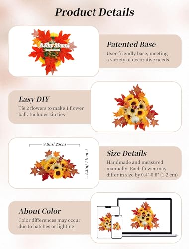 BLOSMON Fall Flowers Artificial for Decoration: 2 Pcs Fake Sunflower Maple Leaf Flower Balls for Thanksgiving Table Centerpieces - Faux Autumn Floral Arrangements for Home Decor