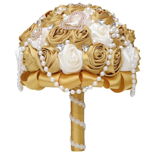 Ivory and Gold Bridal Wedding Bouquet with Rhinestone Brooch Pearl String Cascade Bouquet for Bride Bridesmaid Quinceanera Satin Rose Flower Bouquet Wedding Gold and Ivory 7.5in - color: Gold & Ivory (#2), size: Medium (DIA. 7.5"/19cm)