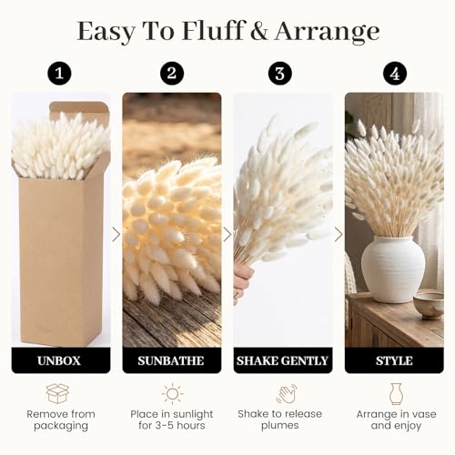 JOHOUSE 120PCS Dried Pampas Grass Decor, 17inch White Bunny Tails Dried Flowers, Bunny Tails Handpicked Bunch, Boho Flowers Home Table Decor, Wedding Decorations for Home