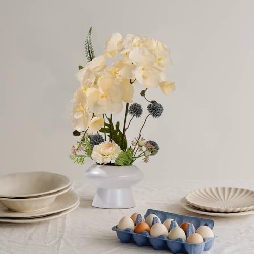 LESING Fake Orchids Flowers Arrangement in Pot,Faux Silk Orchid Artificial Flower Plant with Ceramic Vase for Table Home Decor (White Vase,White) - color: White Vase,white