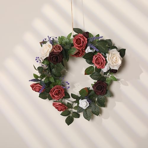Senseya 5FT Artificial Rose Flower Garland - Dusty Burgundy Fake Floral Vine with Rose Leaves, Runner Rustic Flower Garland for Wedding Arch Backdrop Table Runner Centerpieces Party Home Mantel Decor - color: Dusty Rose Burgundy