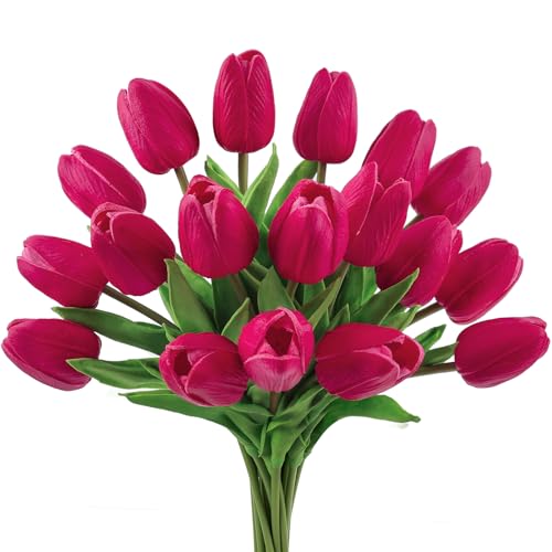 Beferr 18pcs Tulips Artificial Flowers Faux Tulip Real Touch Fake Flowers Bouquets Arrangements for Mothers Day Easter Spring Flowers Gifts Home Table Decor Rose Red - color: P-18pcs-1colors-rose Red, size: 18PCS