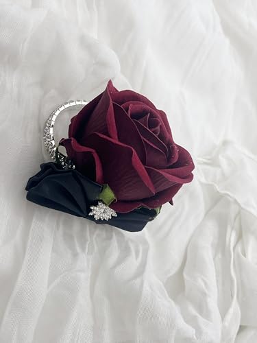 Ting & Cecilly Burgundy Rose Wrist Corsage Boutonniere Set Artificial Flower with Black Satin Ribbon Rhinestone Decor Handmade Silk Flower for Prom Wedding Party Suit Decor - color: Burgundy