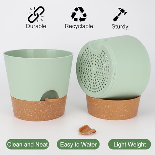 YNNICO 10-Inch Plant Pots, Self-Watering Planters with Drainage Holes & Saucers for Indoor and Outdoor Plants (2-Pack, Green) - color: Green, size: 10 inch