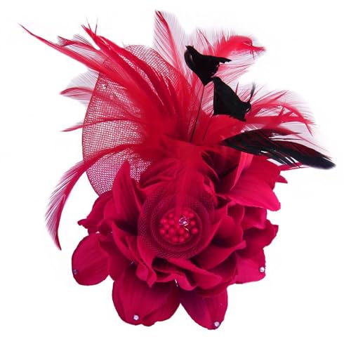 Elegant Flower Brooch for Women Wedding Party Dance Banquet Pins Feather Flower Fascinator Lady Floral Hairpins Dress Suit Lapel Pin Ceremony Accessories Corsage Brooches Vintage Jewelry Gifts - color: Red