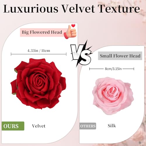 8Pcs Large Velvet Artificial Red Roses, Realistic Red Rose Flowers with Long Stems, 25.6 “ Faux Roses for DIY Wedding Bouquet, Valentine's Party Table Centerpiece, Home Bridal Decorations - color: Red