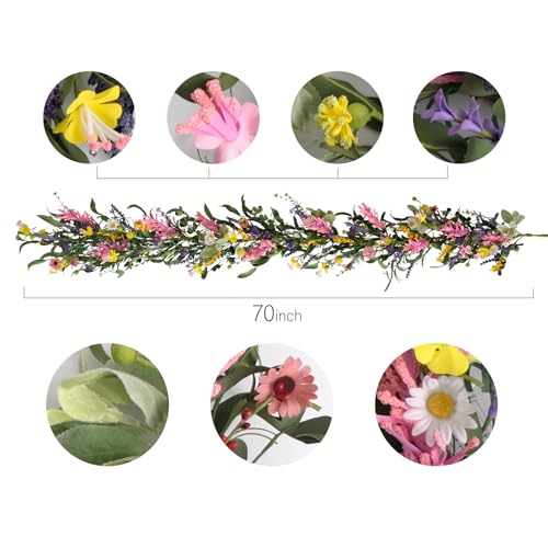 Bibelot70inch Spring/Summer Garland with Flowers, Artificial Fake Flower Greenery Garland with Daisies, Lavender for Baby Shower Wedding Mantle Party Table Centerpiece All Season Decor