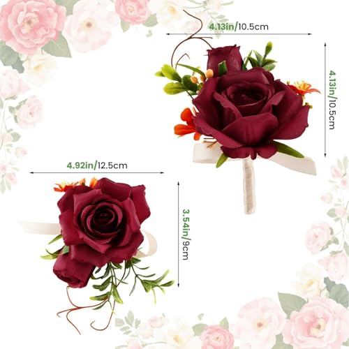 Artificial Rose Corsage & Wrist Corsage Set, Rose Wrist Flower Wristlet Bracelet Groom Best Man Boutonniere, for Prom Suit Decorations Wedding Party Flower Accessories(Color:Red) - color: Red