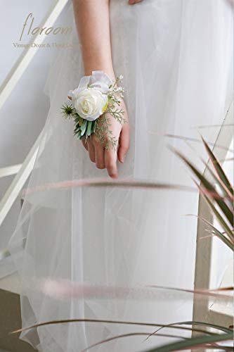 Floroom Ivory Rose Wrist Corsage Wristlet Band Bracelet and Men Boutonniere Set for White Wedding Flower Accessories Prom Suit Decorations - color: 1 Boutonniere & 1 Wrist Corsage