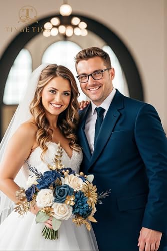 TINGE TIME Roses Artificial Flowers Blue Faux Flowers Bulk for DIY Bridal Wedding Bouquets Baby Shower Centerpiece Table Home Decorations(Navy Blue) - color: Navy Blue